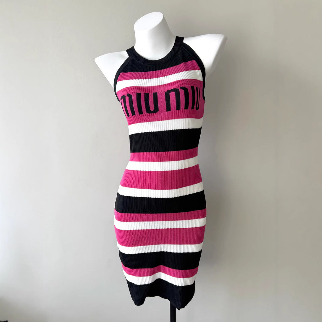 striped new knit design sleeveless dress with fitted waist, bodycon silhouette, elegant and slimming summer dress