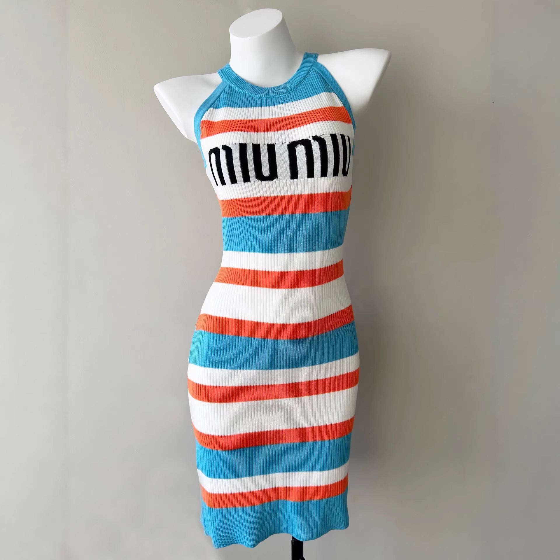 striped new knit design sleeveless dress with fitted waist, bodycon silhouette, elegant and slimming summer dress
