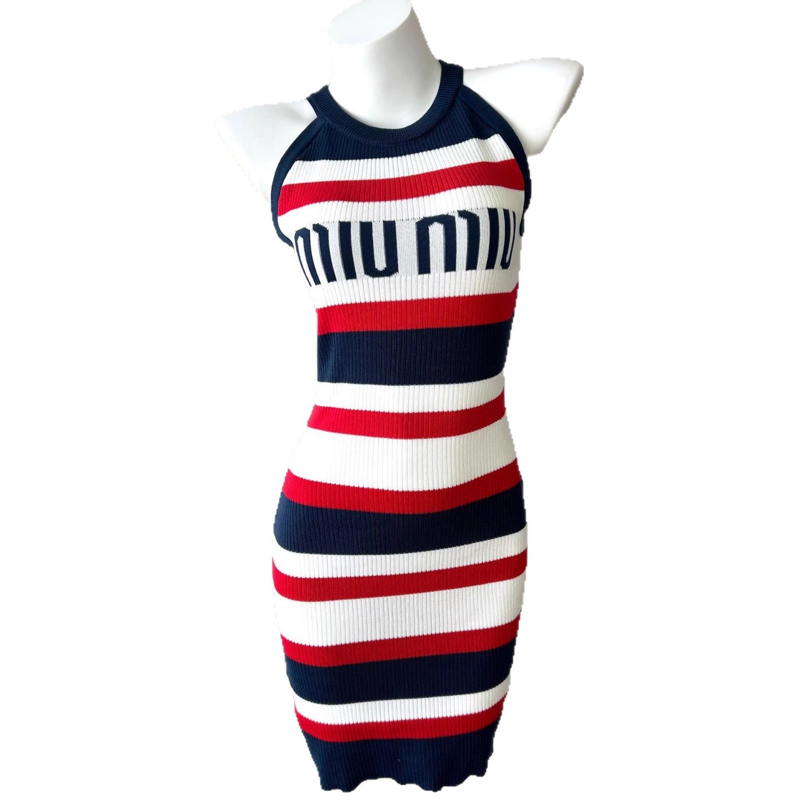 striped new knit design sleeveless dress with fitted waist, bodycon silhouette, elegant and slimming summer dress