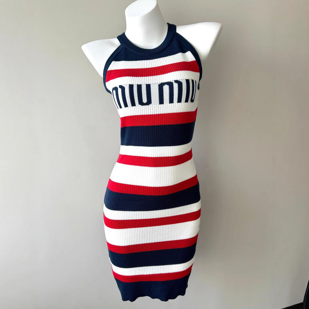 striped new knit design sleeveless dress with fitted waist, bodycon silhouette, elegant and slimming summer dress