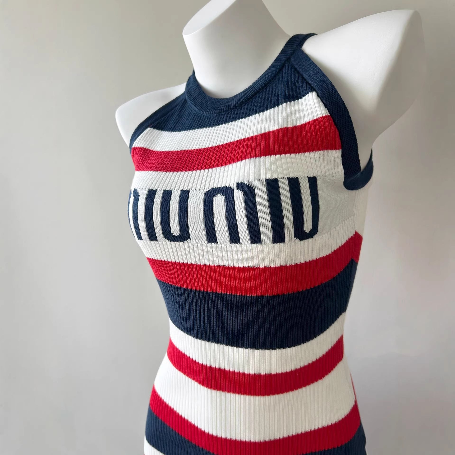striped new knit design sleeveless dress with fitted waist, bodycon silhouette, elegant and slimming summer dress