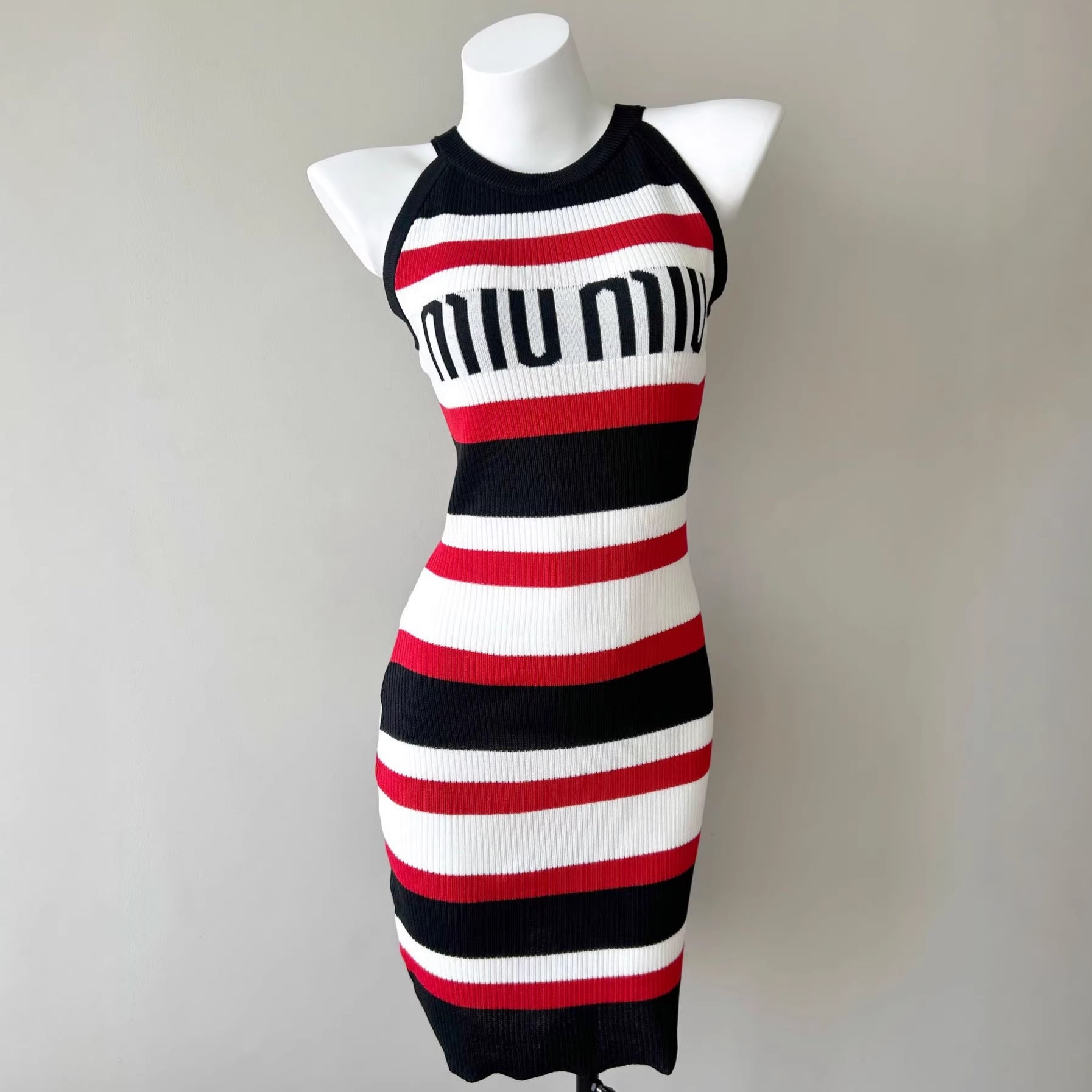 striped new knit design sleeveless dress with fitted waist, bodycon silhouette, elegant and slimming summer dress